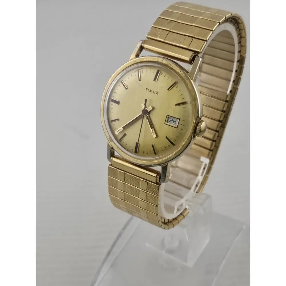 Mens Vintage 1977 Timex Manual Wind Watch Rare Gold Dial New Band Runs